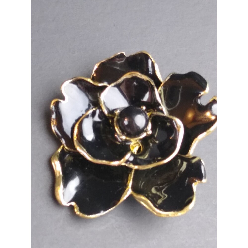 Enamel Brooch Pin Vintage Gold Tone Black Flower